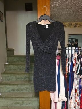 Divided Black Sparkle Long-Sleeve Wrap Mini Dress